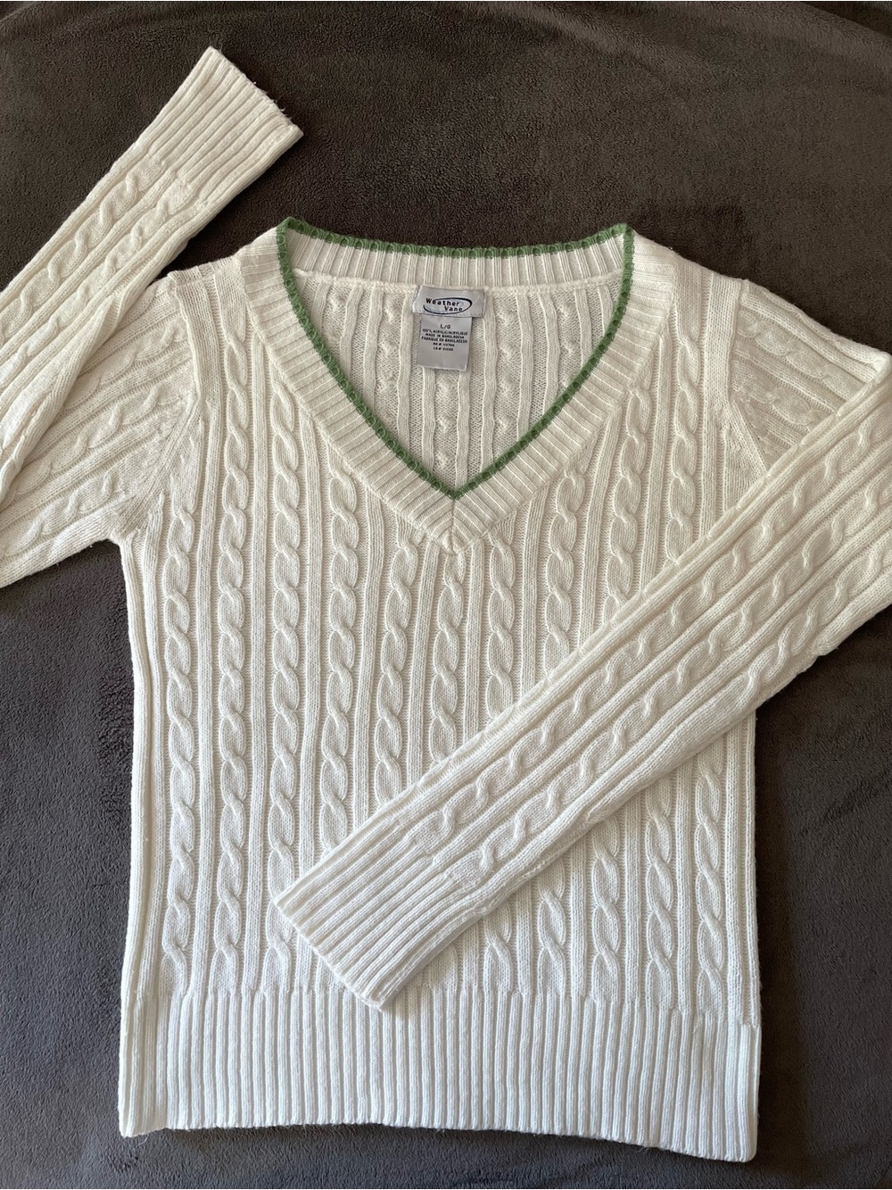 Vintage Tennis Cream Cable-Knit V-Neck Sweater w/ Green Trim Women’s Sz L